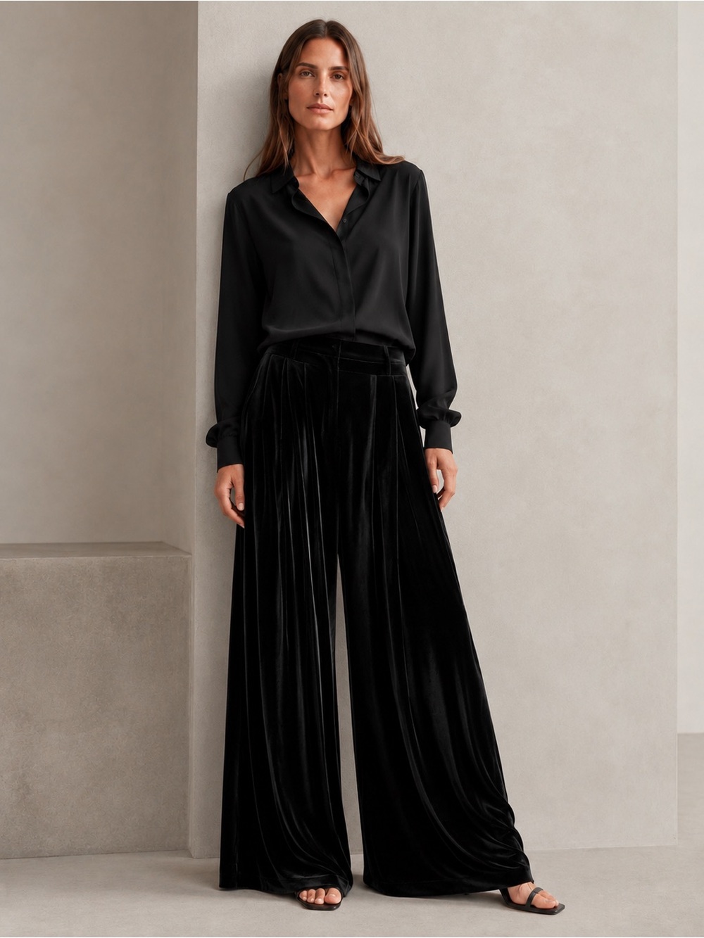 Designer Theory Black Drape Velvet Low Rise Pleated Winter Wide Leg Pant 14 NWT